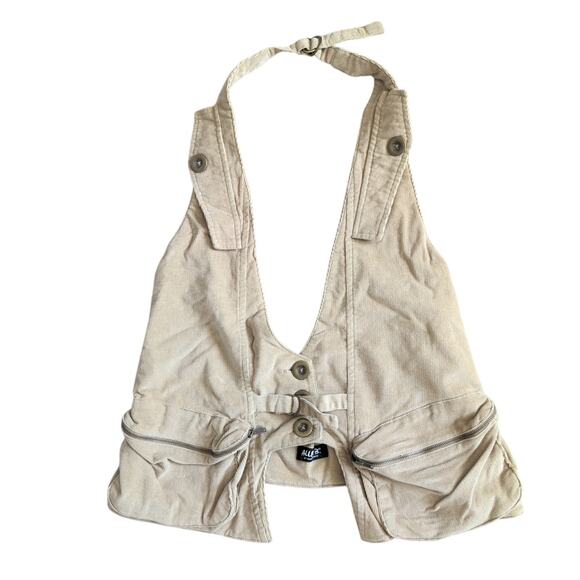 Y2K 2000s Waistcoat Corduroy Vest Tan M Cargo Utility Cyber Grunge Twilightcore - Picture 2 of 9